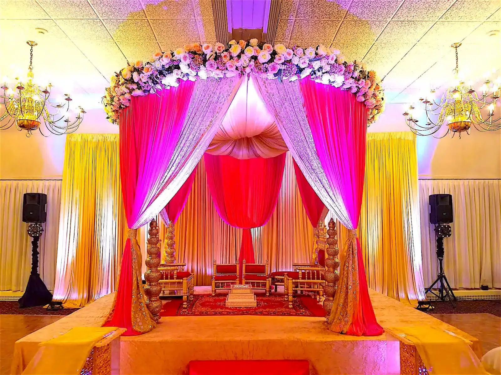 Fabric mandap with draped pillars for Indian wedding, Chicagoland