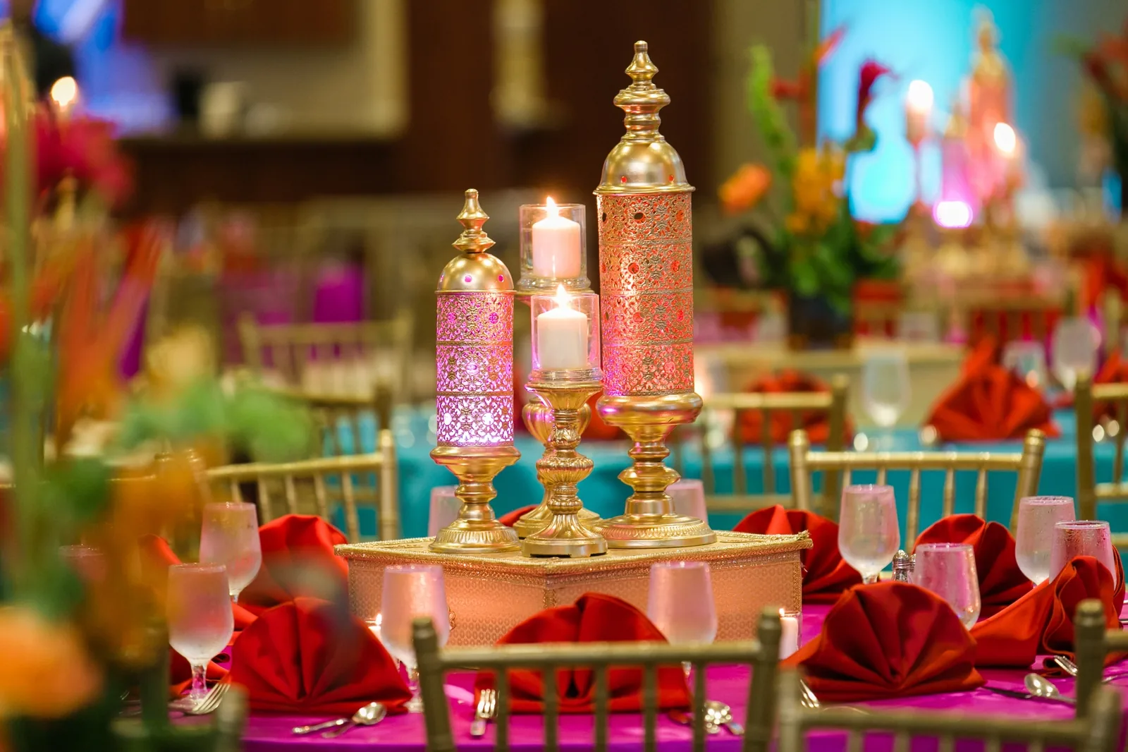 Colorful centerpiece for Indian wedding reception, Chicagoland