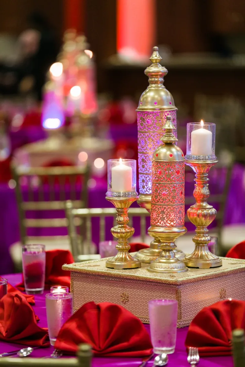 Bold colorful centerpiece for Hindu wedding reception, Chicagoland