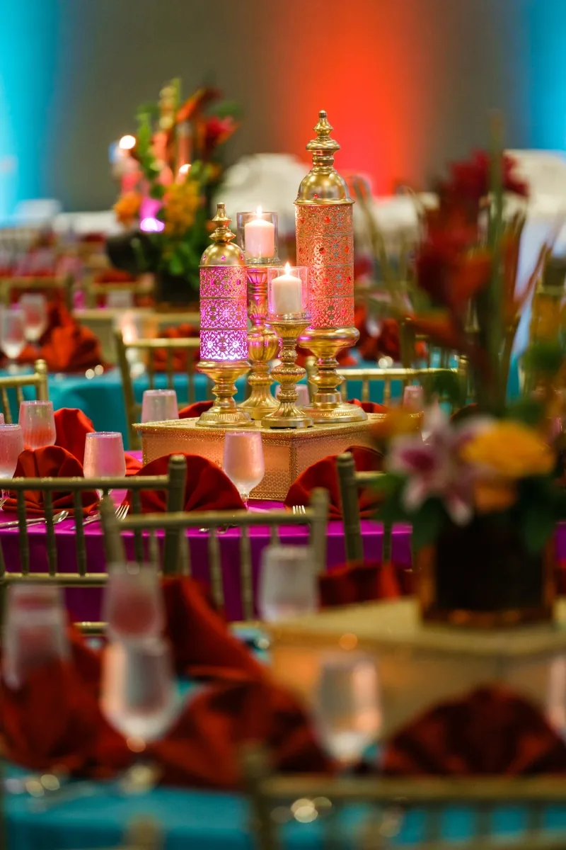 Vibrant floral centerpiece for Indian wedding table, Chicagoland