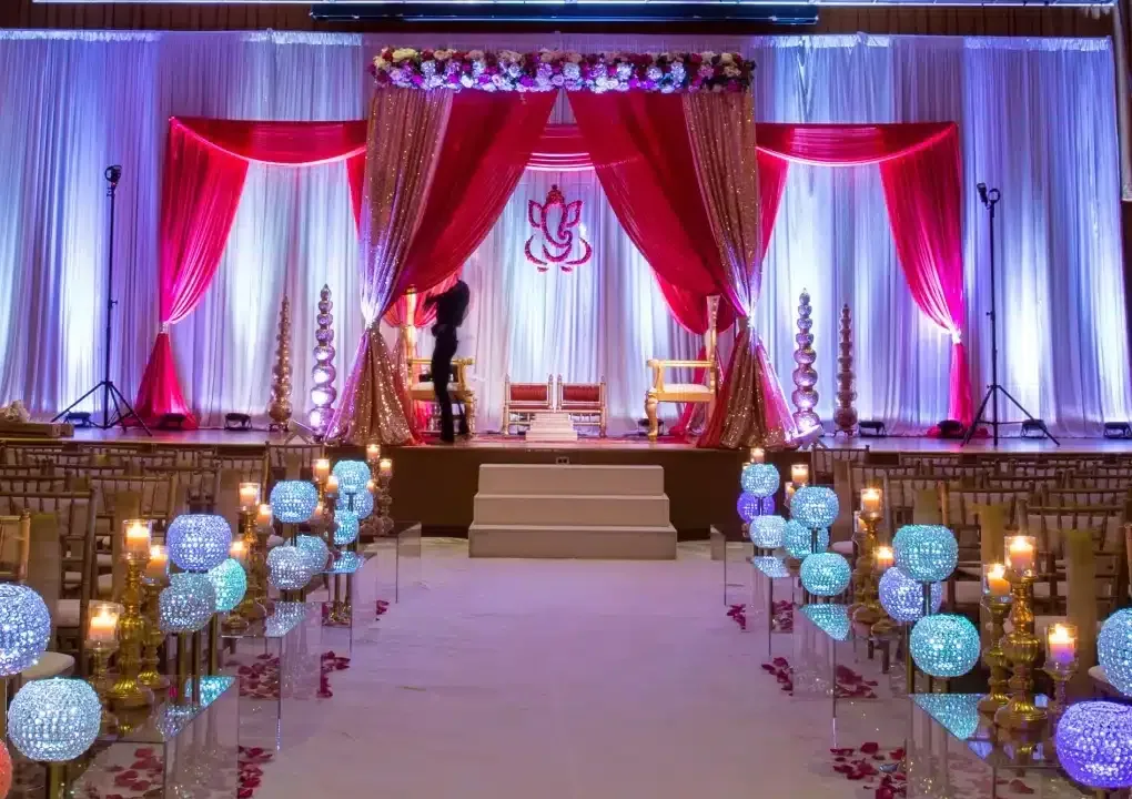 Fabric mandap with lighted crystal aisle for Indian wedding, Chicagoland