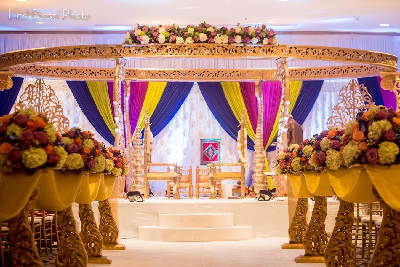 Golden mandap for luxurious Indian wedding ceremony, Illinois