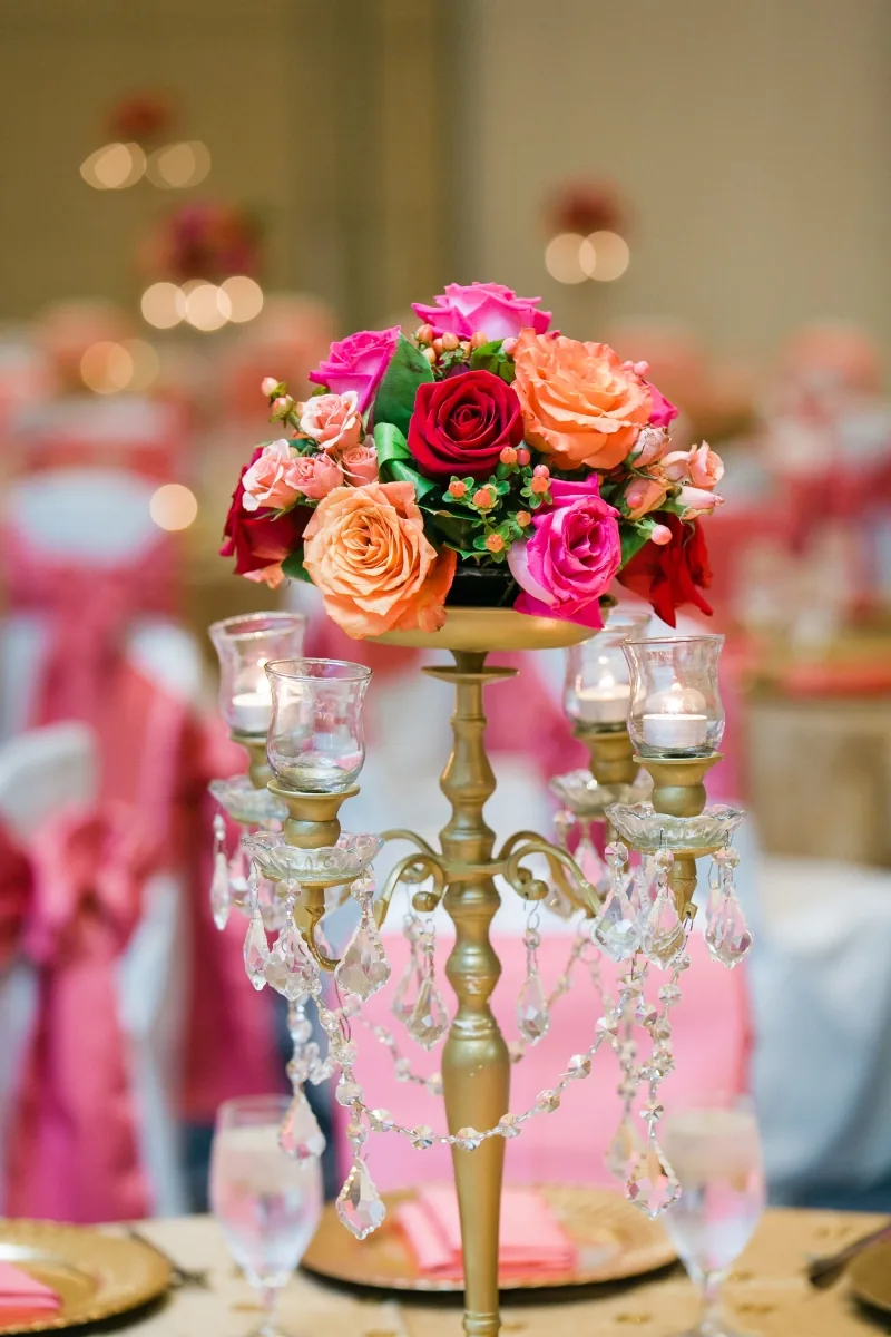 Vibrant pink and red Sangeet decor for Indian wedding, Chicagoland