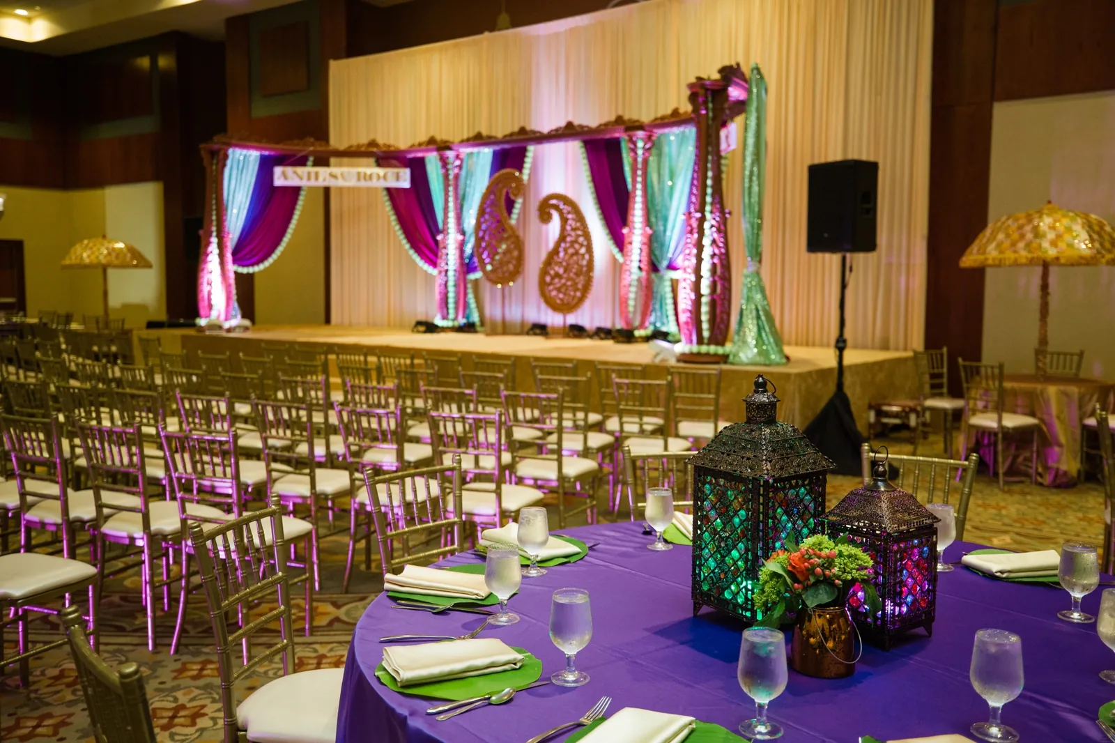 Deep jewel-tone reception decor for Hindu wedding, Illinois