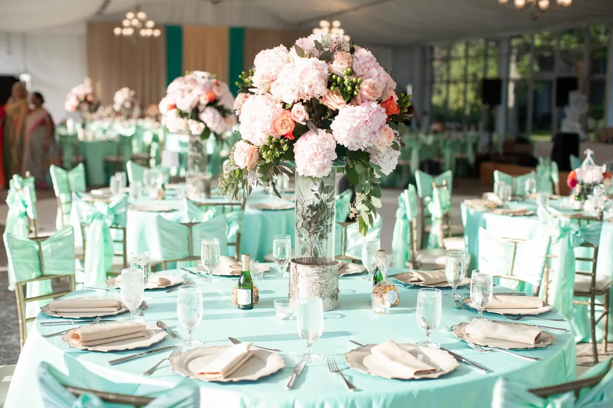 Teal and mint Haldi decor for Indian wedding, Illinois