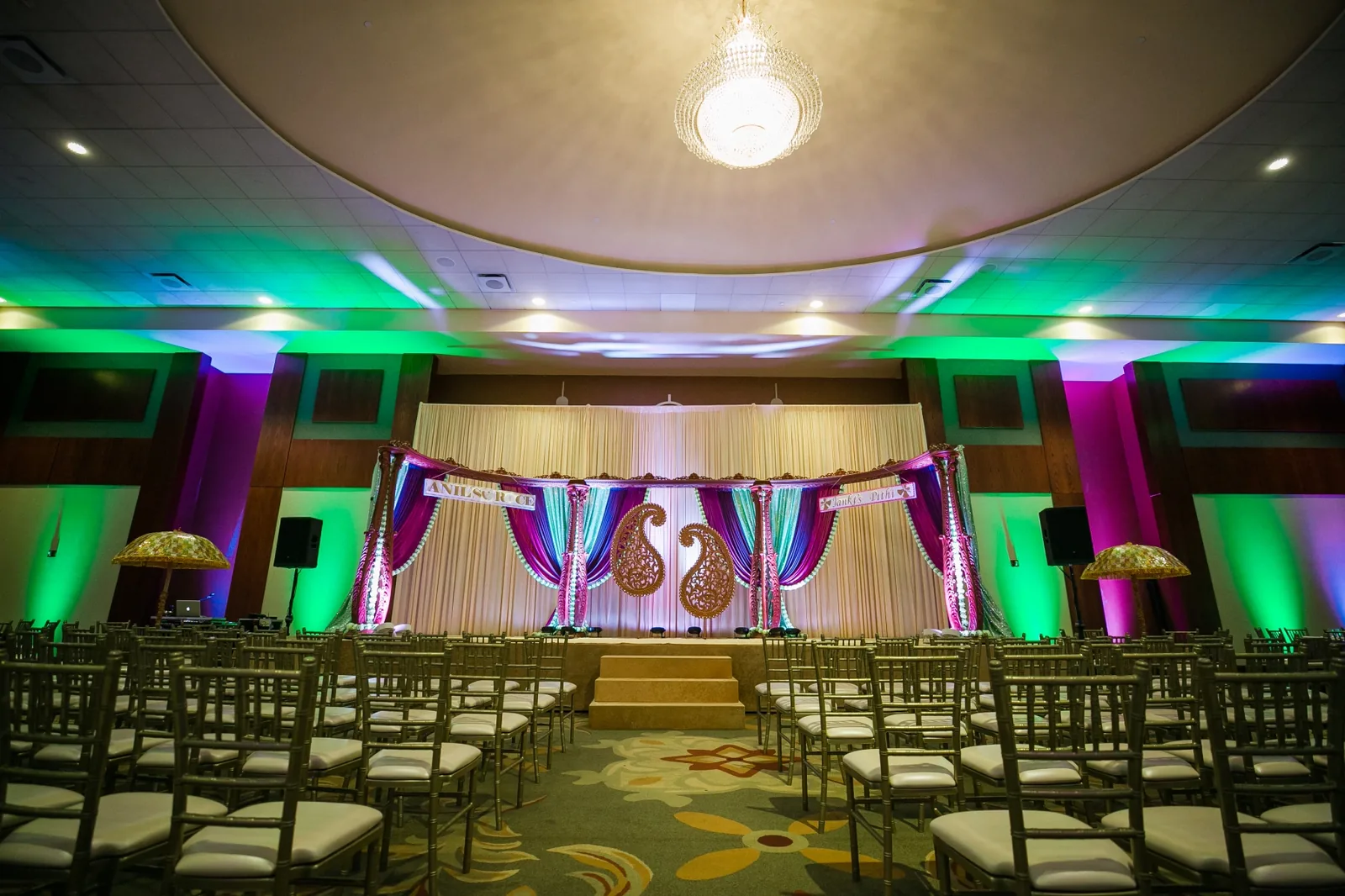 Open wooden mandap structure for Indian wedding ceremony, Chicagoland